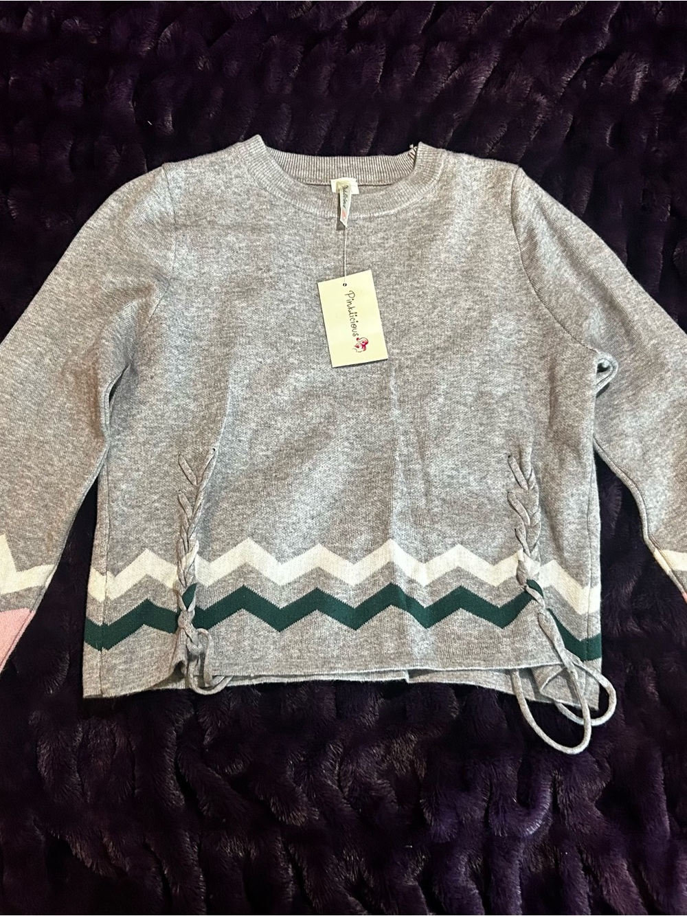 Gray Pink Green Crewneck Sweater with Chevron Trim - Petite Sophisticate